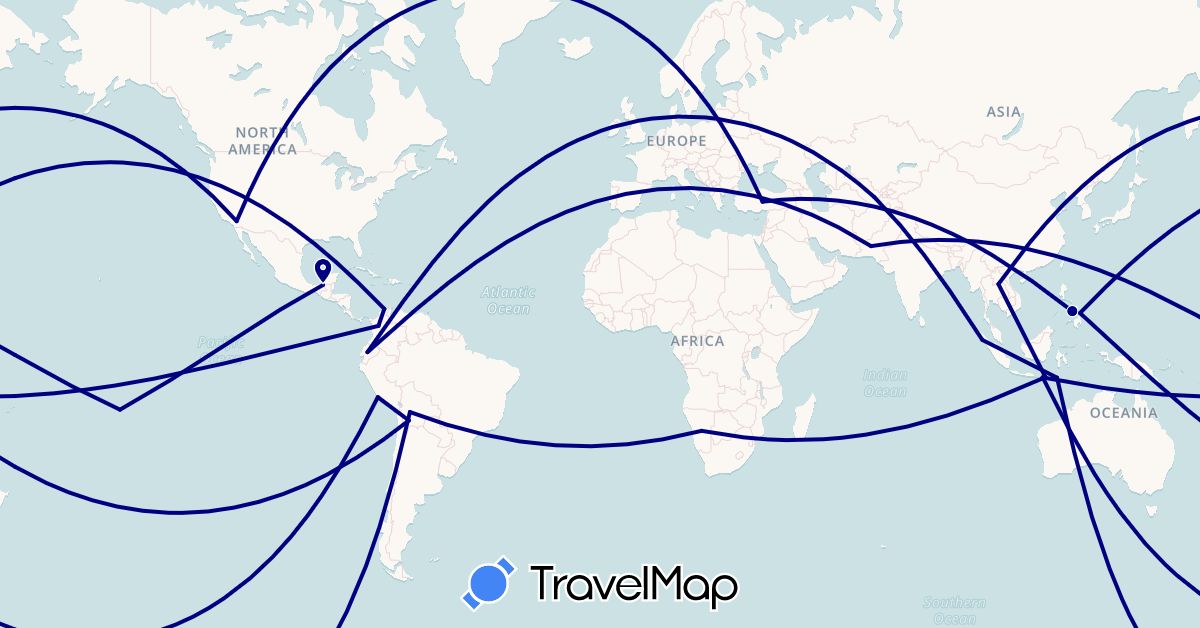 TravelMap itinerary: driving in Bolivia, Colombia, Ecuador, France, Indonesia, Laos, Mexico, Namibia, Peru, Philippines, Pakistan, Turkey, United States, Uzbekistan (Africa, Asia, Europe, North America, South America)